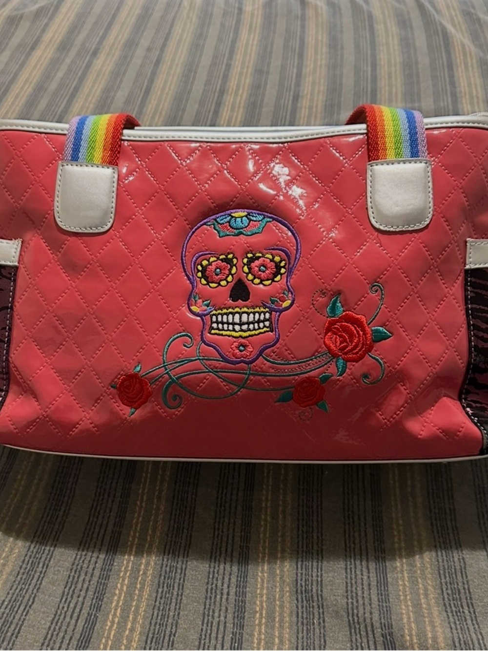 Pink Quilted Skull Embroidered Tote Bag